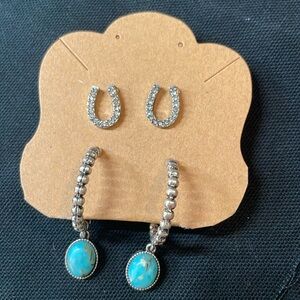 Beaded Hoop Dangling Turquoise Oval Stone Earrings &Horseshoe Studded Earrings
